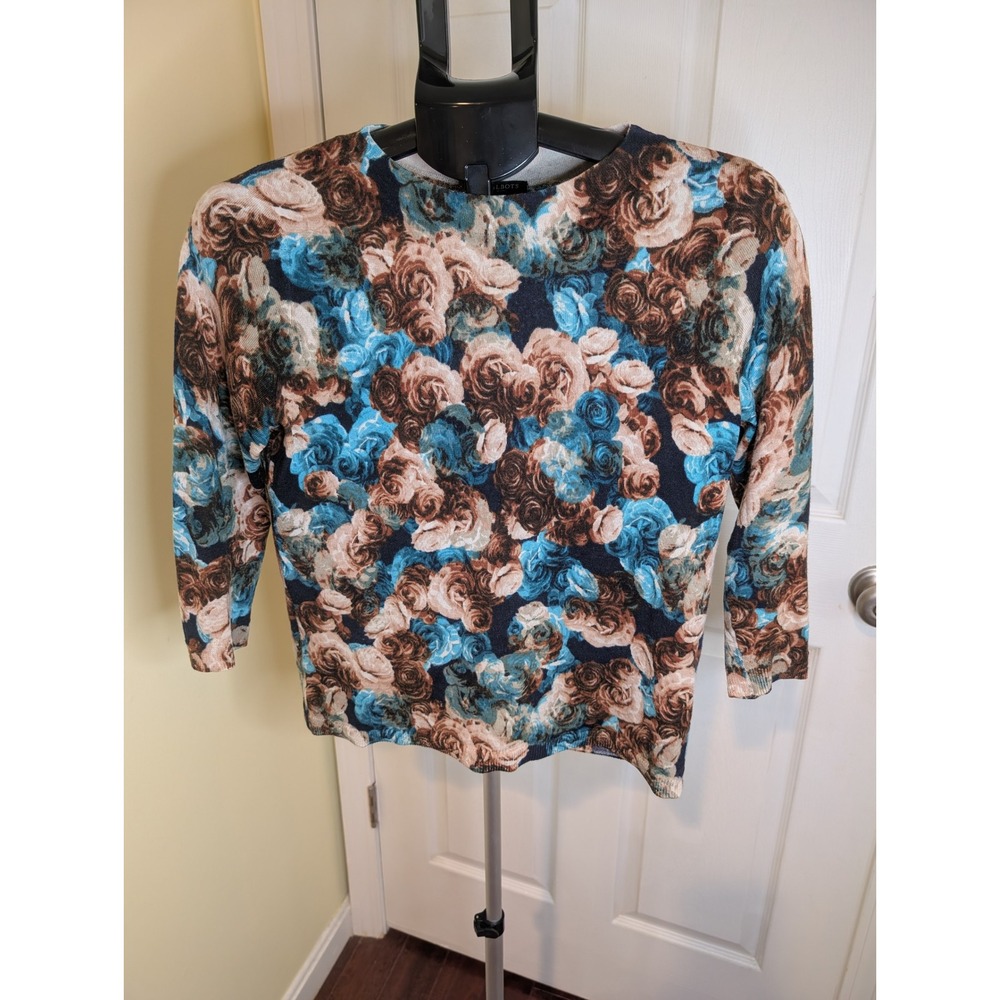 Talbots‎ Floral Sweater Womens MP Blue Brown Merino Wool Rose Print 3/4 Sleeve